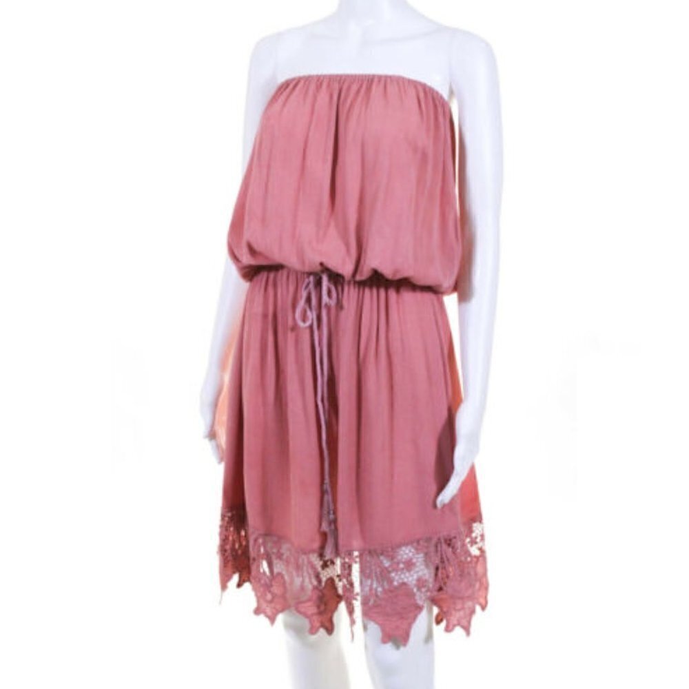 Tiare Hawaii Crochet Strapless Tassel Mini Dress - Boho Pink - Picture 4 of 7